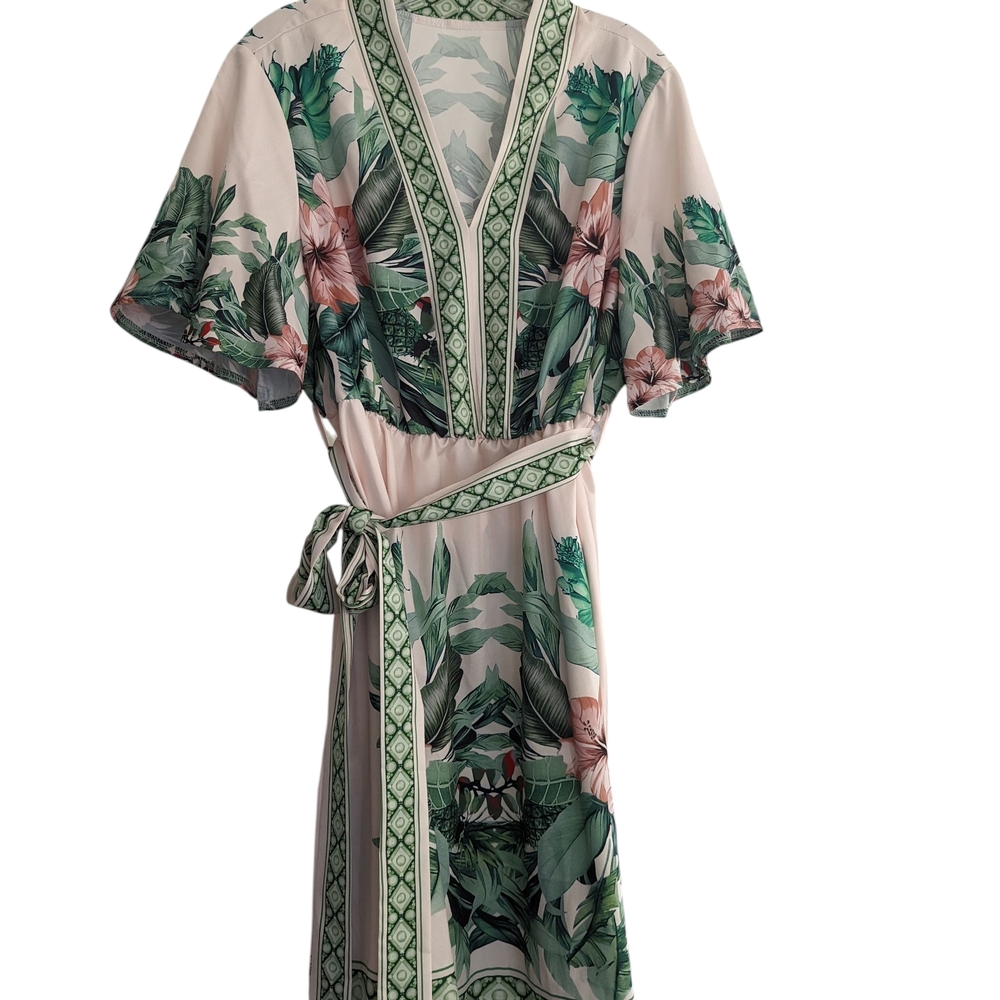 Plus Size Women's Tropical Print Tie Batwing Sleeve Dress Size 2XL - Picture 2 of 13